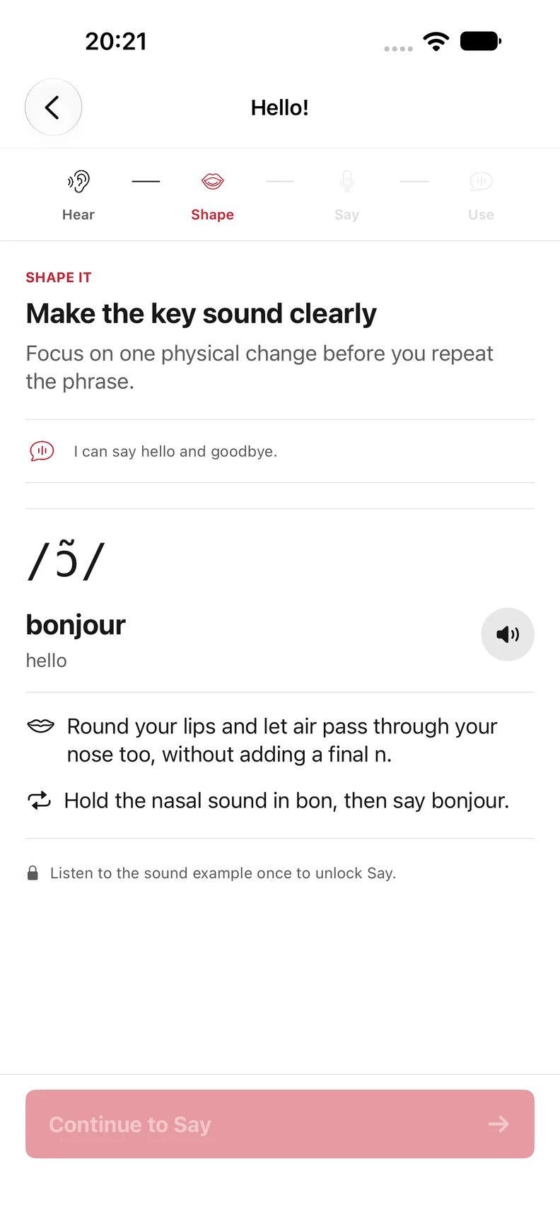 Original Parle Shape lesson with the nasal vowel in bonjour and lip-rounding and airflow instructions.