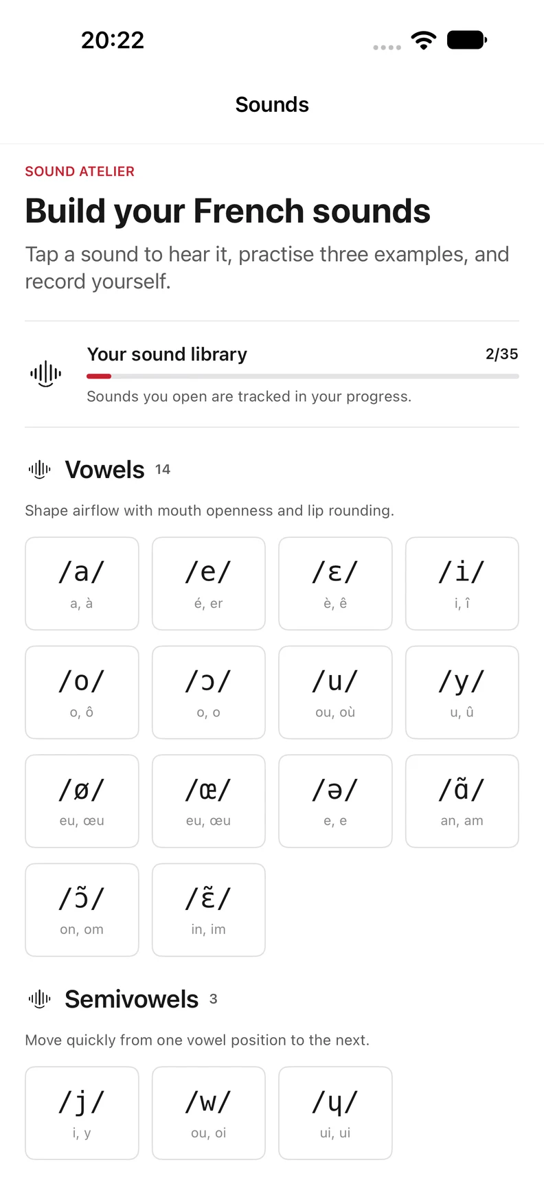 Parle French sound library showing vowel and phoneme practice
