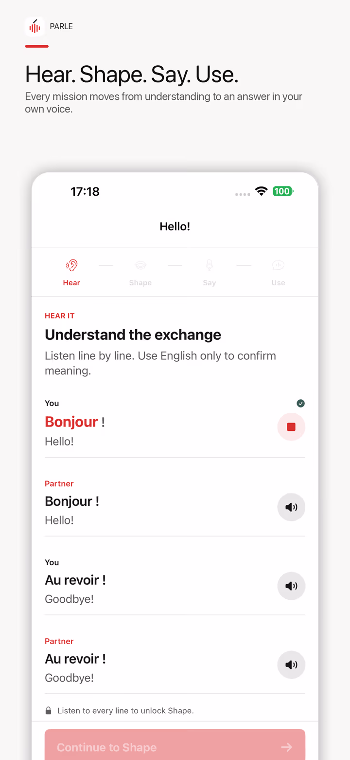 Parle speaking mission showing the Hear step with a reviewed French exchange and English meaning support