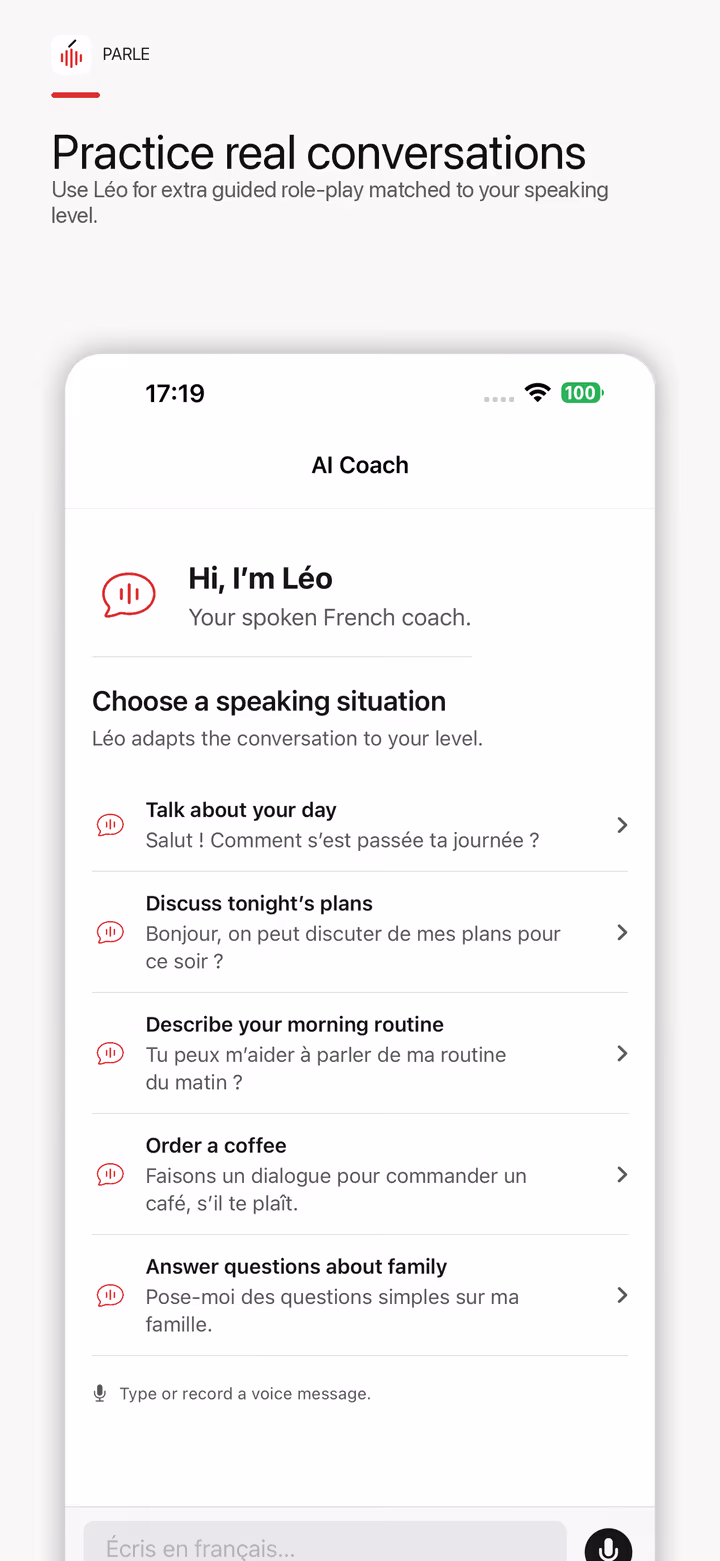 Parle AI Coach Léo screen with guided French conversation situations for beginner speaking practice