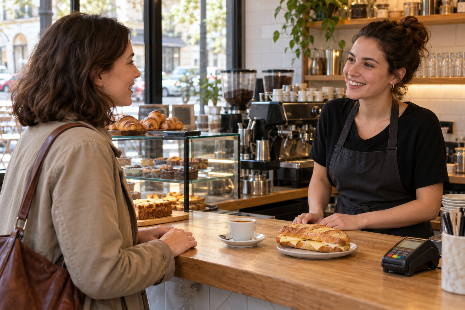 A customer talks with an employee across a café counter with a coffee and sandwich.