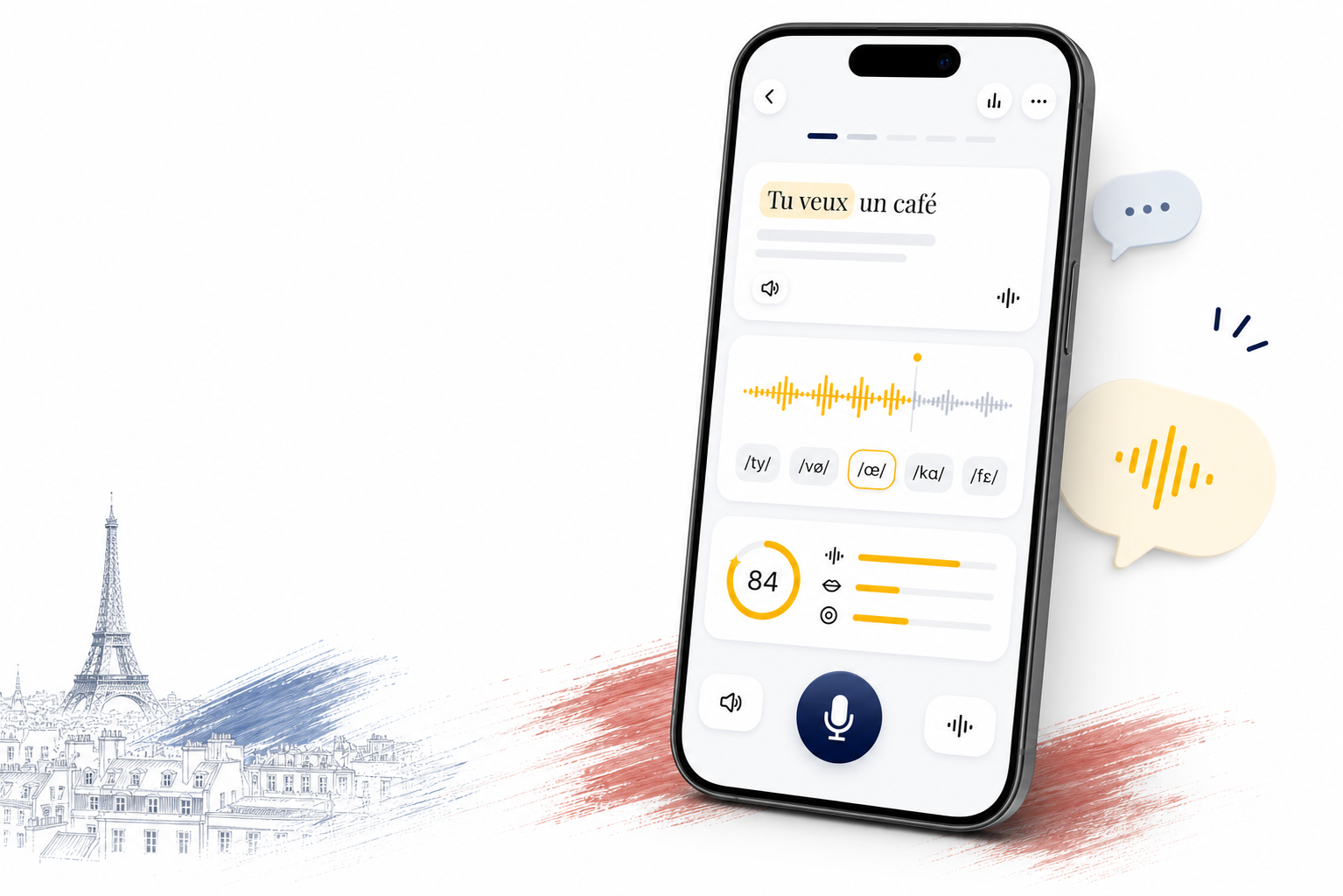 French pronunciation coaching with iPhone feedback, IPA sounds, and speaking practice
