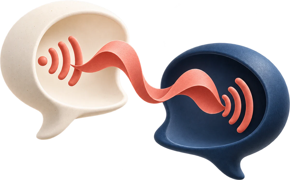 Bulles de dialogue reliées par une onde sonore pour illustrer une conversation en français