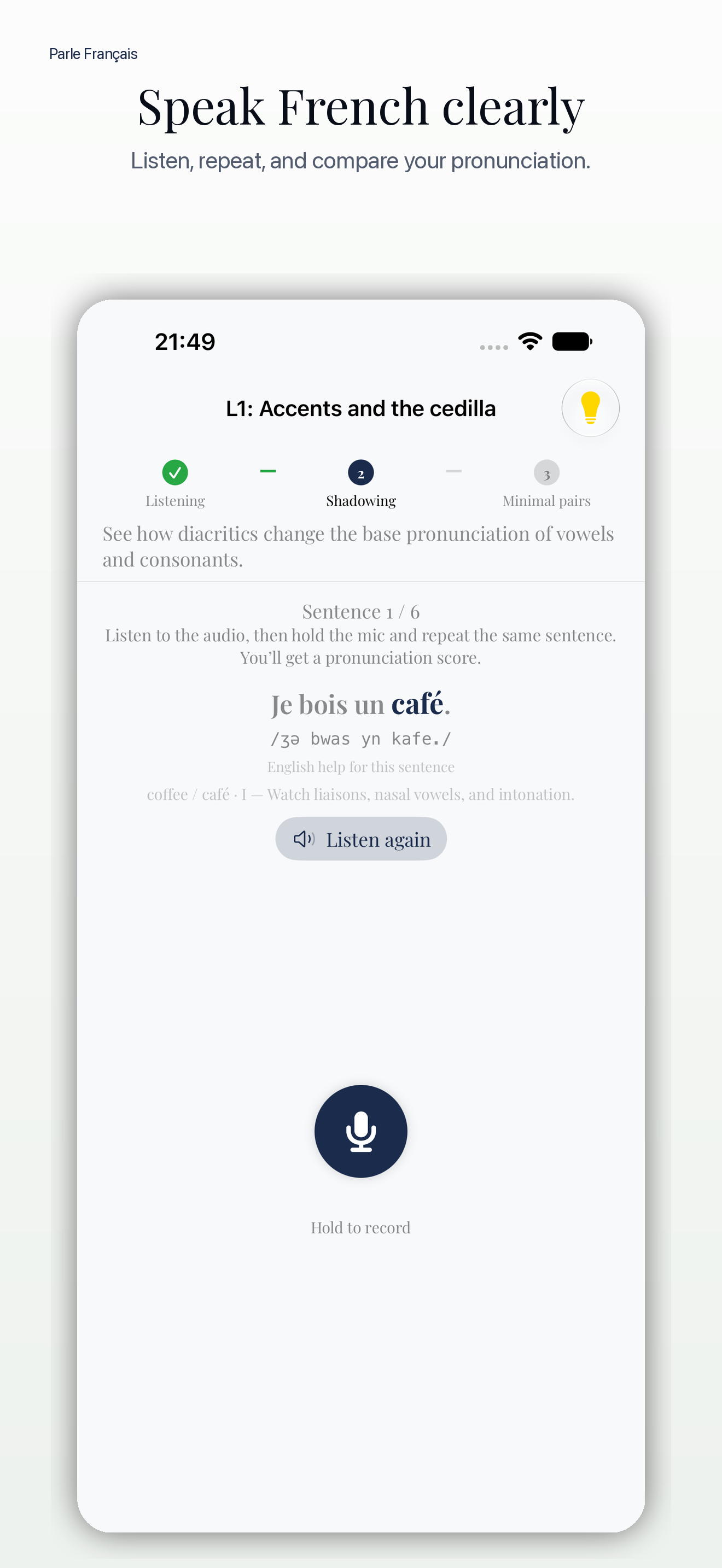 Shadowing practice screen in Parle showing French pronunciation feedback