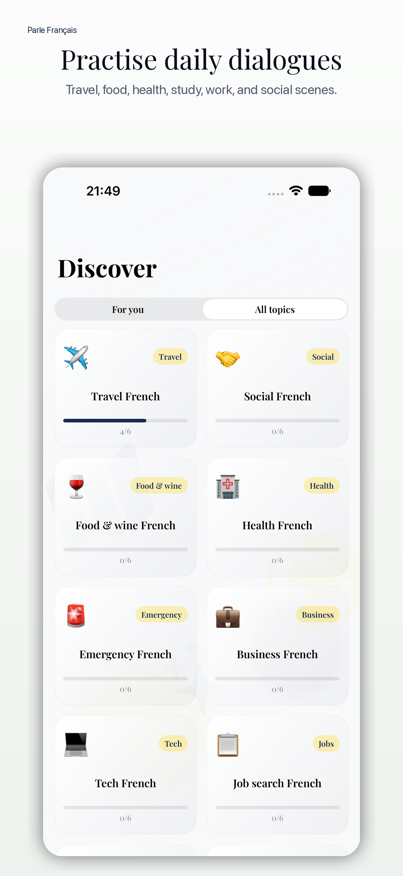 Daily French conversation topics in Parle